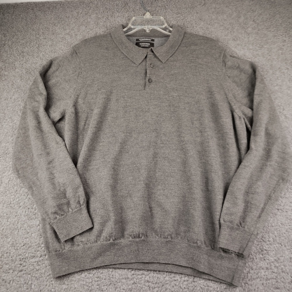 Nordstrom Sweater Mens 2XL XXL Wool Grey Extra Fine Merino Polo Long Sleeve EUC